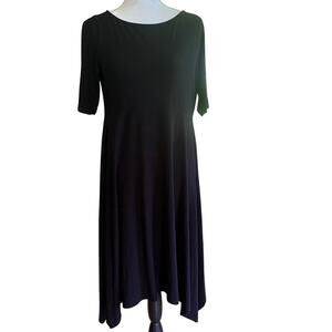 Eileen Fisher Short Sleeve Dress SZ M Shark Bite Hem Lagenlook Minimalist Black